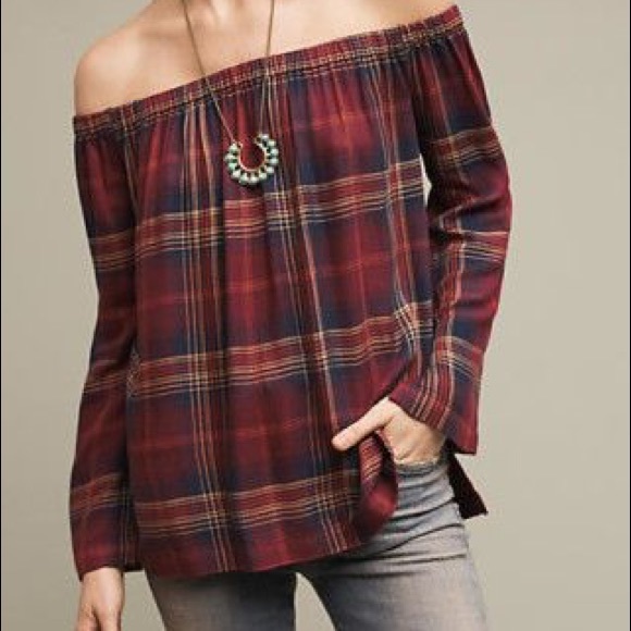 Anthropologie Tops - Anthropologie off the shoulder plaid shirt